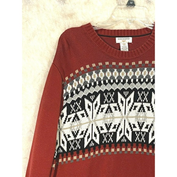 Dockers Sweater Sz L Mens Red Black Cotton Crew Neck Fair Isle Pullover - Picture 7 of 10